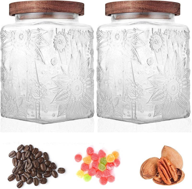 Custde Glass Storage Jars With Airtight Lid, 23.7oz Container For Kitchen Counter with Wood Lid, brown sugar, candy, coffee, cookie, salt, tea, cute Jar (Square Sunflower) - Image 2